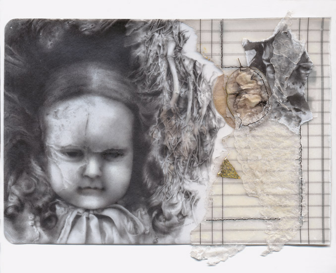     crayon graphite / papier paraffin&eacute; /lunaire / feuille d&#039;or - 14,5 x 21,1 cm