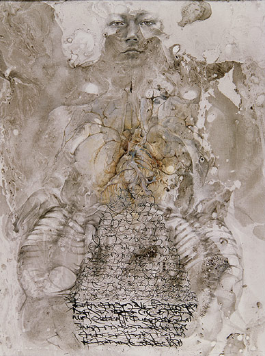     encre / Gouache / crayon sur carton -&nbsp;30 x 22 cm (sur une calligraphie de Joseph Orban)